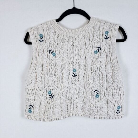 Zara Embroidered Sweater Vest Womens S Cream Cable Knit Cropped Cottagecore - Picture 5 of 11